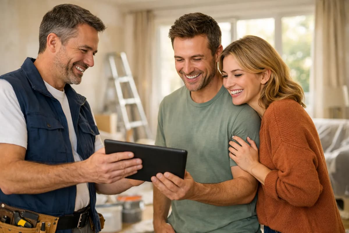 Un couple discutant avec un artisan sur un chantier